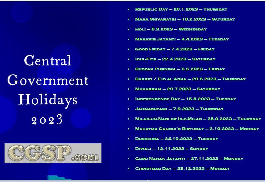 DOPT Central Government Holidays 2023 PDF | Gazetted Holidays 2023 in